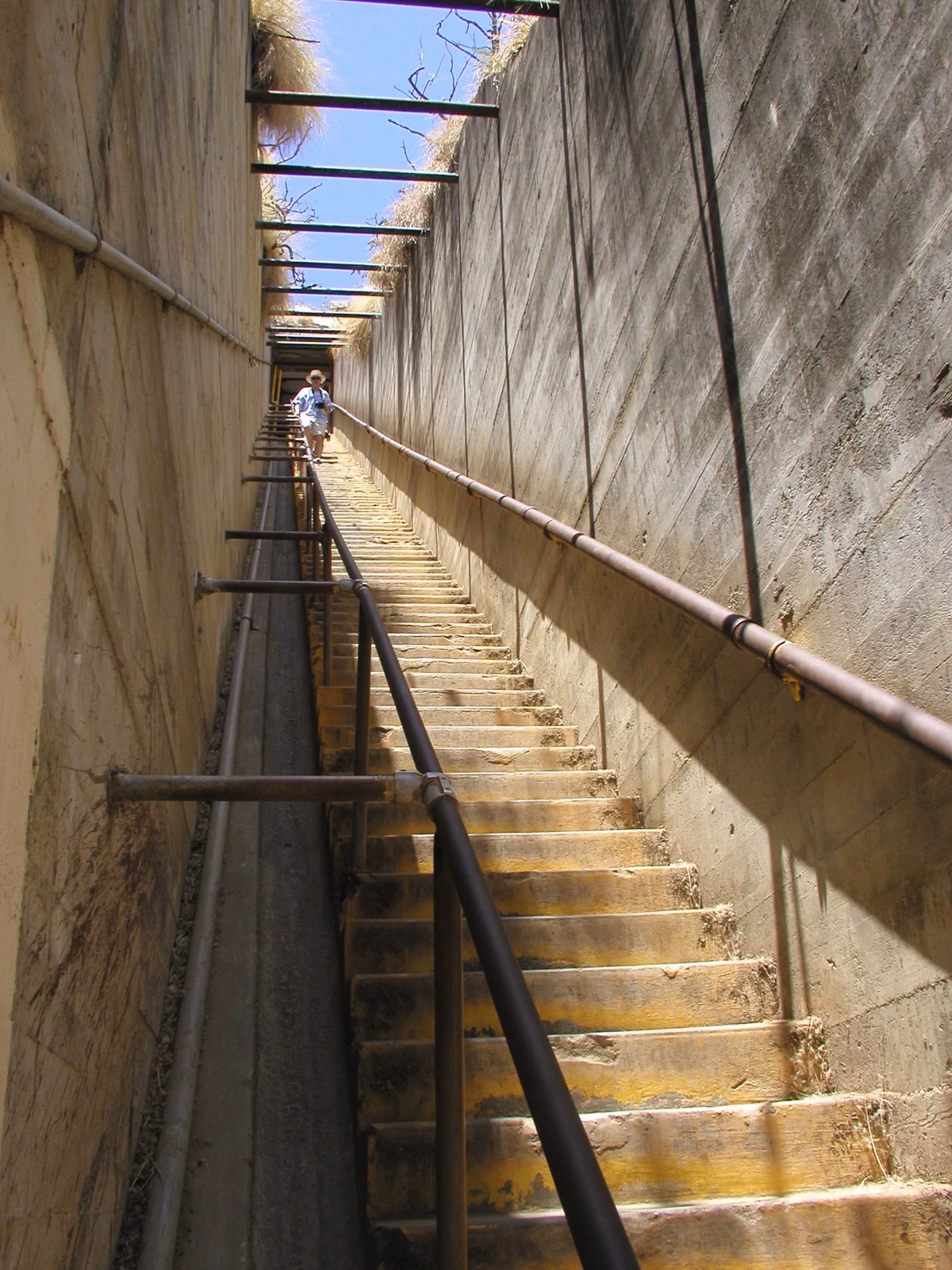 The long, steep concrete stairway on the Diamond Head summit trail, with a handrail and overhead beams